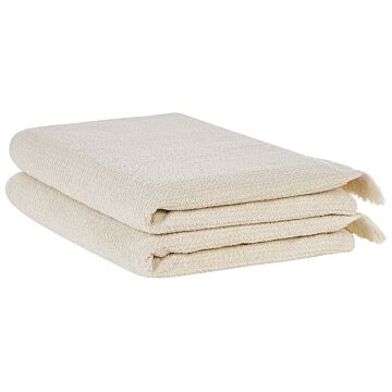 Set Of 2 Bath Sheets Towels Beige Terry Cotton Polyester 100 X 150 Cm Tassels Texture Bath Towels Beliani