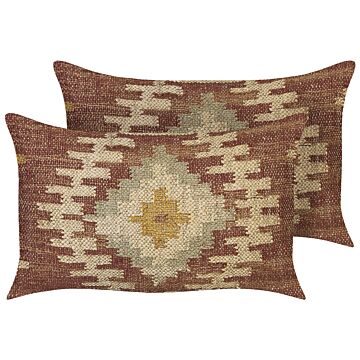 Set Of 2 Scatter Cushions Multicolour Jute Cotton 30 X 50 Cm Geometric Pattern Handmade Removable Cover With Filling Beliani