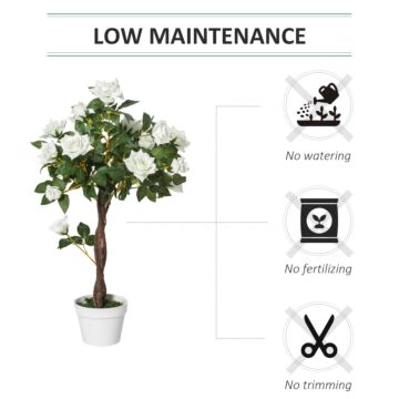 Outsunny 90cm/3ft Artificial Rose Tree Fake Decorative Plant W/ 21 Flowers Pot Faux Decoration Home Office Décor White & Green