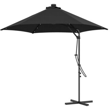 Outsunny 3(m) Garden Parasol Cantilever Umbrella With Solar Led, Cross Base And Waterproof Cover, Black