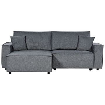 Right Hand Corner Sofa Bed Dark Grey Fabric Polyester Upholstered 3 Seater L-shaped Bed With Cushions Sleeping Function Modern Style Living Room Beliani
