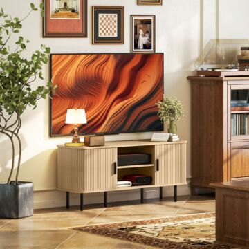 Homcom Tv Stand Cabinet For Tvs Up To 55 Inches, Tv Unit With Storage Shelves And Cupboard For Living Room, Oak Tone