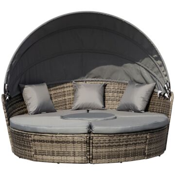 Outsunny Rattan Garden Furniture Cushioned Wicker Round Sofa Bed With Coffee Table Patio Conversation Furniture Set - Grey