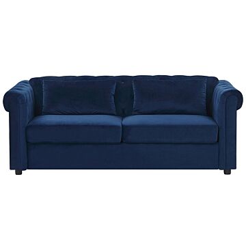 Chesterfield Sofa Bed Blue Velvet Fabric Upholstery 3 Seater Pull-out With Mattress Contemporary Beliani