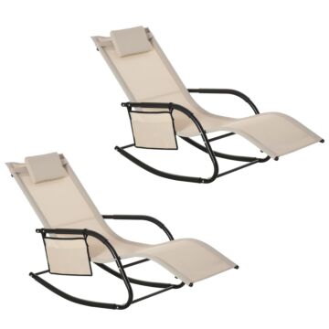 Outsunny 2pcs Garden Rocking Chair, Patio Sun Lounger Rocker Chair W/ Breathable Mesh Fabric, Removable Headrest Pillow, Side Storage Bag, Cream White