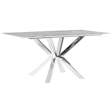 Dining Table White And Silver Tempered Glass And Metal Legs 160 X 90 Cm Rectangular Glam Beliani