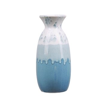 Flower Vase White And Blue Stoneware 25 Cm Waterproof Decorative Home Accessory Tabletop Decor Beliani