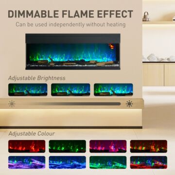 Homcom 50inch/ 127cm Media Electric Fireplace Wall Mounted, Recessed, Insert, Freestanding, Glass Electric Fire With Adjustable Led Flame Effect, Log, Crystal, Remote Control, 1800w, Black | Aosom Uk