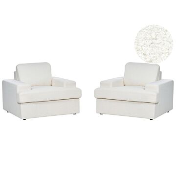 Set Of 2 Armchairs White Boucle Upholstered Cushioned Thickly Padded Backrest Classic Living Room Couch Beliani