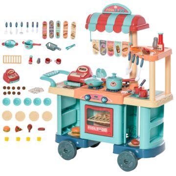Homcom 50 Pcs Kids Kitchen Play Set Fast Food Trolley Cart Pretend Playset Toys With Play Food Money Cash Register Accessories Gift For Kids Age 3-6