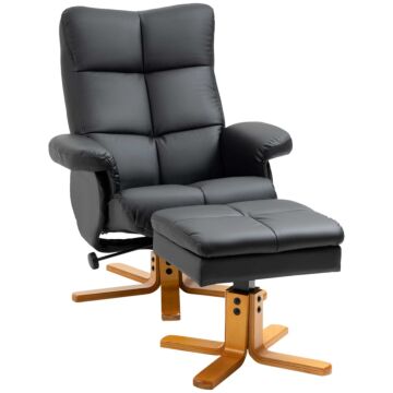 Homcom Faux Leather Swivel Recliner Chair With Footstool, Wooden Base And Storage For Living Room, Black