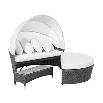 Garden Daybed White And Grey Faux Rattan With Cushions Coffee Table Weather Resistant Beliani