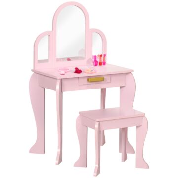 Homcom Kids Dressing Table With Mirror And Stool, Kids Vanity Set, Girl Makeup Desk With Drawer For 3-6 Years Old Children, Pink