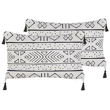 Set Of 2 Cushions White And Black Polyester Cover 30 X 50 Cm Decorative Pillows Geometric Pattern Beliani