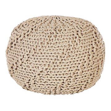 Pouf Ottoman Beige 50 X 35 Cm Knitted Cotton Eps Beads Filling Round Small Footstool Beliani