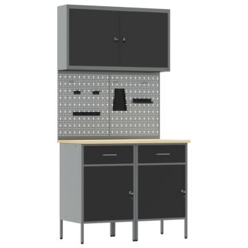 Vidaxl 5 Piece Work Cabinet And Pegboard Set Black Mdf And Metal
