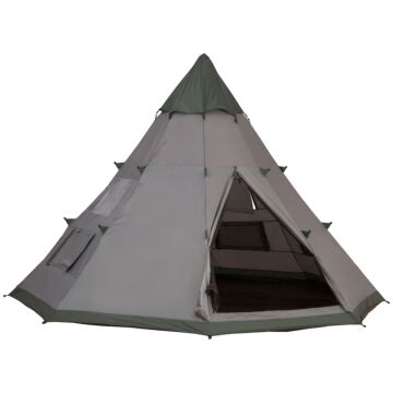 Outsunny 6 Men Tipi Tent, Camping Teepee Family Tent W/ Mesh Windows Zipped Door Carry Bag, Easy Set Up For Hiking Picnics Outdoor Night, Green, Grey