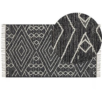 Rug Off-white Black Cotton Wool 80 X 150 Cm Geometric Pattern Runes Tribal Tassels Oriental Beliani