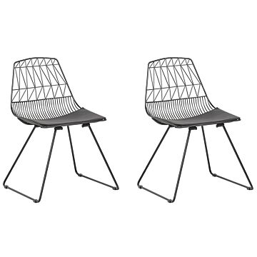 Set Of 2 Dining Chairs Black Metal Frame Faux Leather Seat Geometric Backrest Modern Industrial Design Beliani