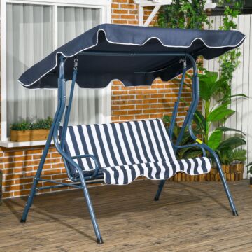 Outsunny 3 Seater Garden Swing Seat Chair Outdoor Bench With Adjustable Canopy And Metal Frame, Blue Stripes