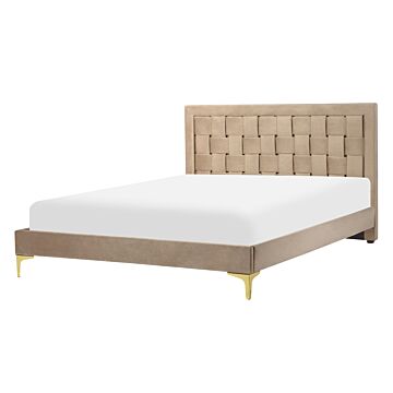 Upholstered Bed Frame Taupe Velvet Eu Double 140x200 Cm 4ft6 Headboard Golden Legs Beliani