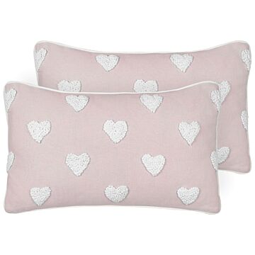 Set Of 2 Scatter Cushions Pink Cotton 30 X 50 Cm Embroidered Hearts Pattern Beliani