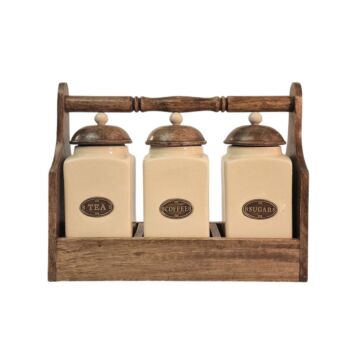 Ceramic Tea, Coffee & Sugar Jar's In Solid Mango Wood Rack