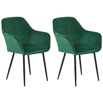 Set Of 2 Dining Chairs Green Velvet Armrests Black Metal Legs Retro Glam Beliani