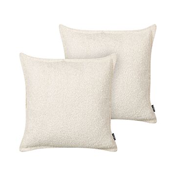 Set Of 2 Scatter Cushions Light Beige Teddy Fabric Throw Pillows Solid Pattern Beliani