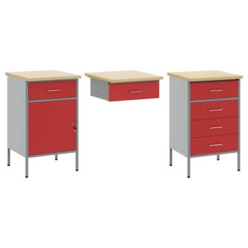 Vidaxl 3-piece Work Cabinet And Table Set - Red Engineered Wood & Steel