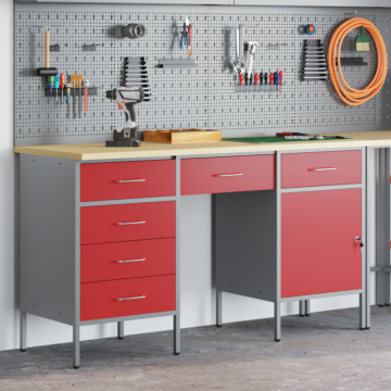 Vidaxl 3-piece Work Cabinet And Table Set - Red Engineered Wood & Steel