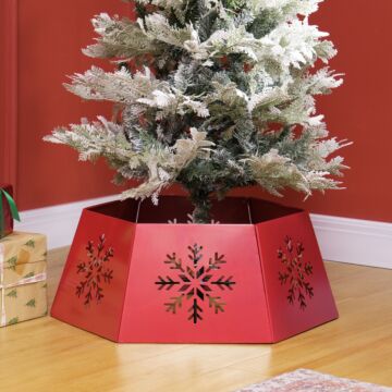 Homcom Christmas Tree Collar, Hexagon Christmas Tree Base Cover With Hollow Snowflake Patterns, Xmas Decoration For Party, Holiday, Home, Red