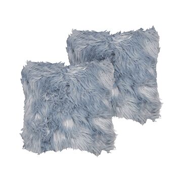 Set Of 2 Decorative Cushions Blue Faux Fur Shaggy 42 X 42 Cm One Sided Decor Accessories Beliani