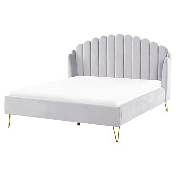 Bed Frame Grey Velvet Upholstery Eu King Size 5ft3 Metal Legs Retro Design Chanell Shell Headboard Beliani