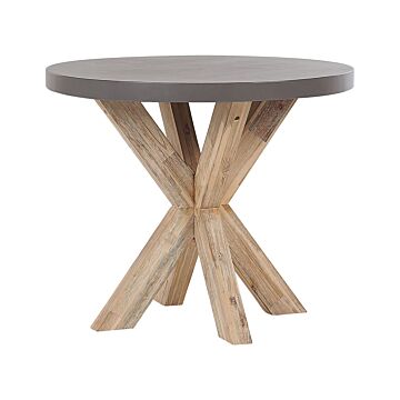 Outdoor Dining Table Grey Concrete Tabletop Light Wooden Legs Acacia 4 People Capacity Round Ø 90 Cm Beliani