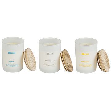 Set Of 3 Scented Candles Multicolour 100% Soy Wax Cotton Wick White Glass Fragrance Ocean/bergamot/fresh Linen Beliani