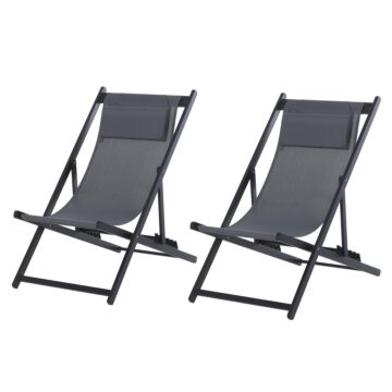 Outsunny Set Of 2 Folding Garden Beach Deck Chairs Deckchairs Seaside Folding Garden Patio Lounger, Grey