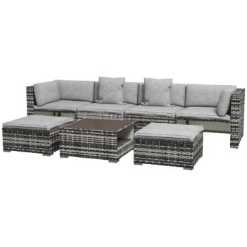 Outsunny 7-piece Rattan Patio Furniture Set With Sofa, Footstools, Coffee Table, Side Shelves, Cushions, Pillows, Mixed Grey