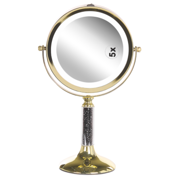 Makeup Mirror Gold Iron Metal Frame Ø 13 Cm With Led Light 1x/5x Magnification Double Sided Cosmetic Desktop Beliani