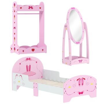 Aiyaplay Kids Bed With Safety Rails, Kids Clothes Rail, Kids Full Length Mirror, 3 Piece Kids Furniture Set For Bedroom, Pink