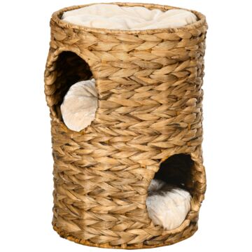 Pawhut 47cm Cat Barrel Tree For Indoor Cats With 2 Cat Houses, Kitten Tower With Cushion - Light Brown