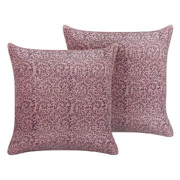 Set Of 2 Decorative Cushions Pink Velvet And Cotton 45 X 45 Cm Floral Pattern Block Printed Boho Decor Accessories Beliani