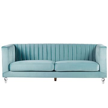 Sofa Light Blue 3 Seater Velvet Tuxedo Style Quilting Beliani