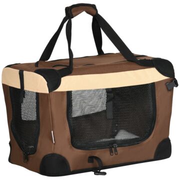 Pawhut 51cm Foldable Pet Carrier, Dog Cage, Portable Cat Carrier, Cat Bag, Pet Travel Bag With Cushion For Miniature Dogs, Brown