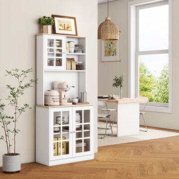 Homcom Kitchen Cupboard Sideboard Storage Cabinet Unit W/ Counter Top Grid Glass Doors Shelves 80l X 37w X 183h Cm - White