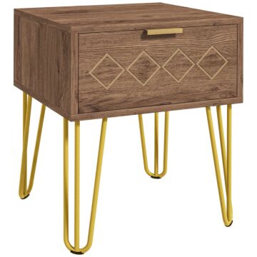 Homcom Bedside Table With Drawer, Wooden Nightstand, Modern Sofa Side Table With Gold Tone Metal Legs For Living Room, Bedroom