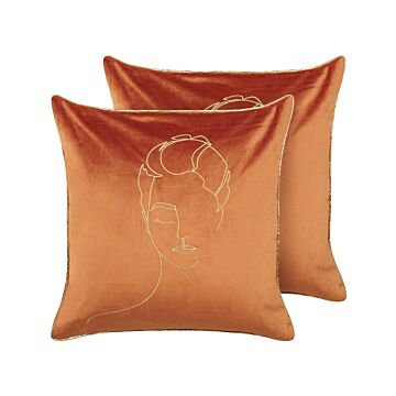 Set Of 2 Decorative Cushions Orange And Gold Velvet 45 X 45 Cm Face Motif Glamour Decor Accessories Beliani