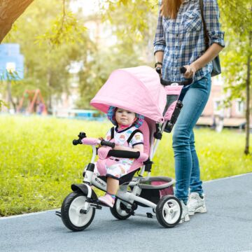 Homcom 4 In 1 Kids Trike Push Bike W/ Push Handle, Canopy, 5-point Safety Belt, Storage, Footrest, Brake, For 1-5 Years, Pink