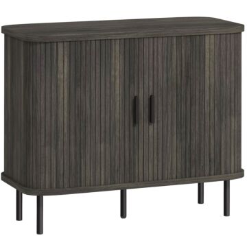 Homcom Mid-century Modern Sideboard Storage Cabinet With Slatted Tambour Sliding Doors, Kitchen Cabinet With Steel Legs, Grey