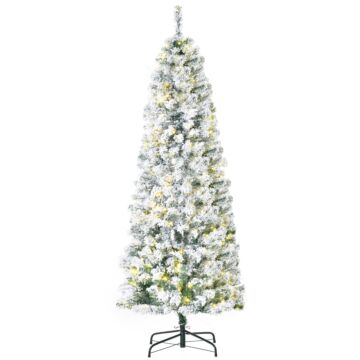 Homcom 6 Feet Prelit Artificial Snow Flocked Christmas Tree With Warm White Led Light, Holiday Home Xmas Decoration, Green White